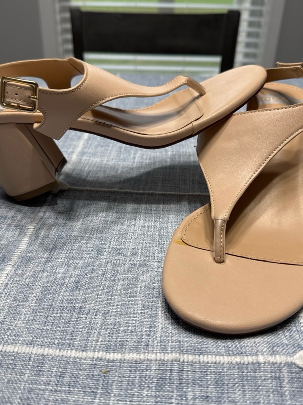 Nude Block Heel Thong Sandals with Ankle Strap